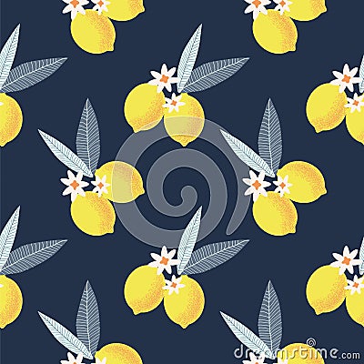 Vector seamless pattern with lemon branches, leaves and flowers on a dark blue background Vector Illustration